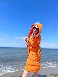 %100 Pamuklu Kapüşonlu Cepli Turuncu Peştemal Bornoz